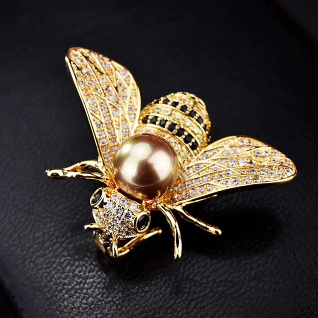 Golden Bee Pearl Brooch